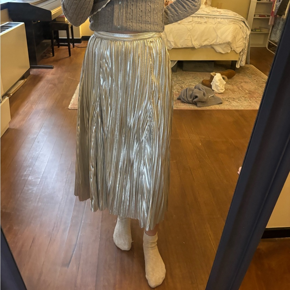 Maeve Anthropologie pleated silver metallic midi skirt